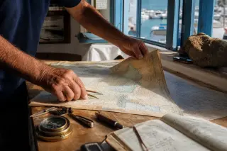 Mariner's hands arranging a nautical chart on a weathered wooden counter, with navigation tools and filtered Mediterranean morning light in a coastal office.