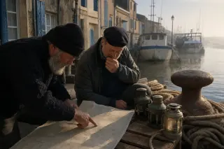 Duo of experienced mariners studying a nautical map together at dawn on a canal bank near Agde, surrounded by ropes and old lanterns with authentic port architecture and misty boats in the background.
