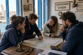 Friends in a rustic Agde captaincy office studying a nautical chart together by morning light