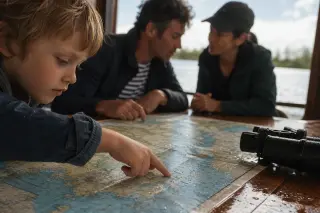 Child's hand tracing a nautical map in a sunlit boat cabin, with parents and a guide discussing quietly in the background, Mediterranean lagoon outside.
