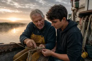 Elder sailor's hands demonstrating traditional knot-tying to a younger deckhand on a weathered fishing boat at dawn, with misty canal and reeds in the background.