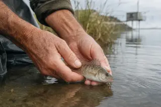 Weathered hands of an observer releasing a small fish into the brackish water by marshy reeds near Étang de Thau on a soft, overcast morning