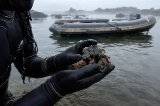 Close-up of a diver’s gloved hands holding volcanic rocks with small marine life, Mediterranean shoreline and zodiac boat blurred in the background with soft morning light.