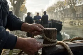 A fisherman's skilled, weathered hands tie a rope on a canal dock at dawn, with mariners and a barge in the soft misty background, evoking calm nautical expertise.