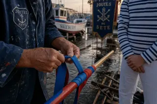 Close-up of an elderly jouster’s hands preparing a traditional lance, with a young apprentice nearby, set in a Sète boatyard at dawn amid old boats and festival banners.