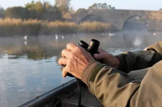 Weathered hands holding binoculars on the edge of a small boat at dawn, mist, reedy riverbank, and blurred old stone bridge in soft Mediterranean light.