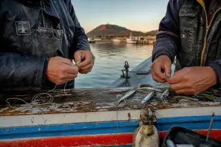 Weathered hands of two fishermen knotting fishing lines and sorting lures on a wooden boat rail at dawn, with soft Mediterranean light and the blurred volcanic coast in the background.
