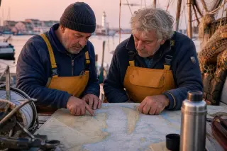 Two anglers' hands tracing a marine chart on a fishing boat's deck at dawn near Cap d'Agde, with authentic gear and morning light.