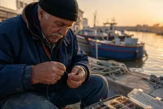 Fisherman at dawn tying a dorade rig on a weathered quay in Cap d’Agde, with soft morning haze, colorful moored boats, and gentle Mediterranean light.