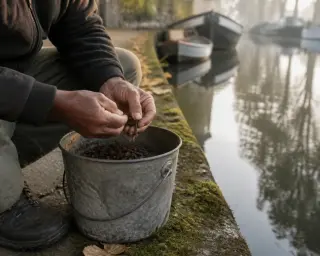 Experienced fisherman's hands choosing live bait from a bucket beside a canal at dawn, with soft mist and old boats in the background