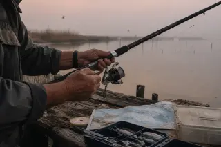Angler adjusting sea fishing rod and reel at dawn on misty Marseillan lagoon, focus on skilled hands and gear, muted Mediterranean light.