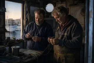 Two experienced fishing guides in a cluttered harbor workshop at dawn, focused on preparing fishing lines in natural Mediterranean light.