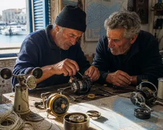Fishermen with weathered hands adjusting fishing reels together on a cluttered workbench in a sunlit marina office, with soft beams and fishing gear details.