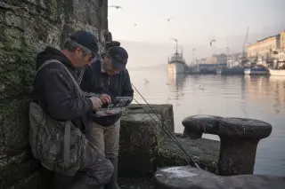 Two experienced fishers preparing rockfishing gear against a weathered port wall in dawn mist at Sète, with subtle port activity and soft Mediterranean light.