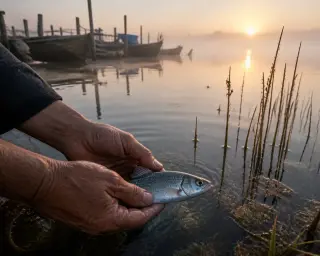 Weathered fisherman hands releasing a small fish into the misty lagoon, reeds and wooden boats in the background, dawn light reflecting on the water.