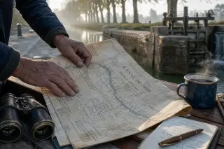 Hands consulting a vintage map of the canal du Midi on a boat's rail by historic stone locks, early morning mist over calm water, navigation tools nearby.