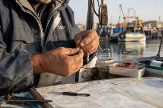 Hands of an experienced fisherman rigging a metal jig on a small boat in Agde port at dawn, with fishing gear and Mediterranean light