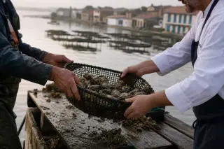 Hands of an oyster farmer and a chef exchanging a basket of oysters on a wooden platform at dawn, with misty Étang de Thau and shellfish tables in the background.
