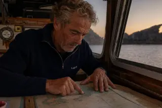 Seasoned sailor studying a marine chart at dusk in the wooden cabin of a fishing boat near Agde's volcanic coast, illuminated by gentle Mediterranean light.