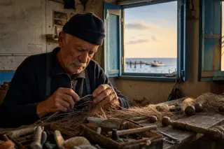 Elderly fisherman repairing a fishing net at a wooden table inside a rustic Mediterranean cabin at dawn, warm light filtering through blue shutters, surrounded by fishing tools and nautical charts.